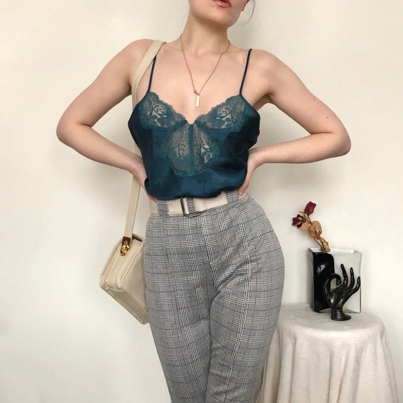 Vintage Tops - Vintage deep teal green satin cami w lace neckline
